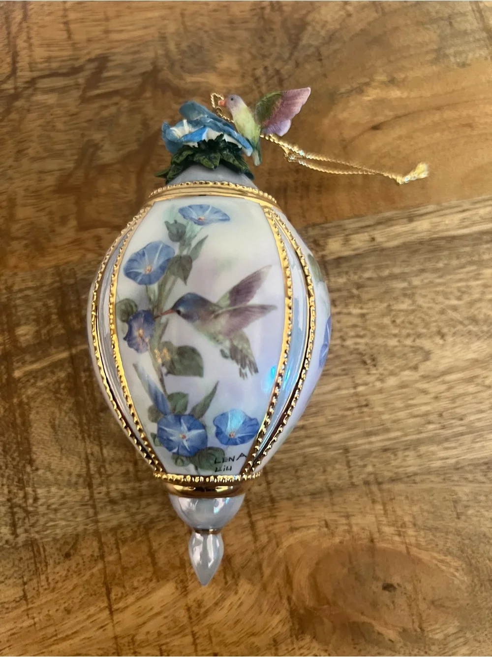 Lena Liu Porcelain Hummingbird Egg Ornament with Blue Floral Design